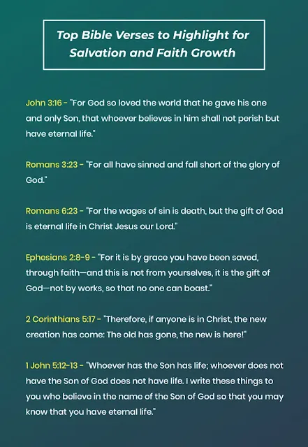 A list of top bible verses to highlight in your bible for salvation and faith growth, featuring key scriptures like John 3:16 and Romans 3:23.