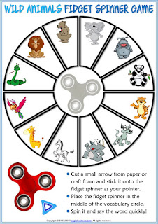 Satu set permainan kosakata fidget spinner yang menyenangkan dan dapat dicetak untuk dipelajari, dipelajari, dan dilatih kosakata hewan oleh anak-anak. Cetak saja dan tempelkan petunjuk pada fidget spinner Anda. Anda juga dapat melaminasinya untuk penggunaan jangka panjang. Sebuah permainan yang efektif untuk kelompok kecil dan besar di kelas.