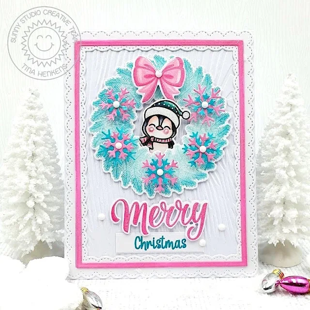 Sunny Studio Stamps: Winter Wreaths Holiday Card by Tina (featuring Circle Snowflake Frame Dies, Holiday Greetings, Penguin Party)