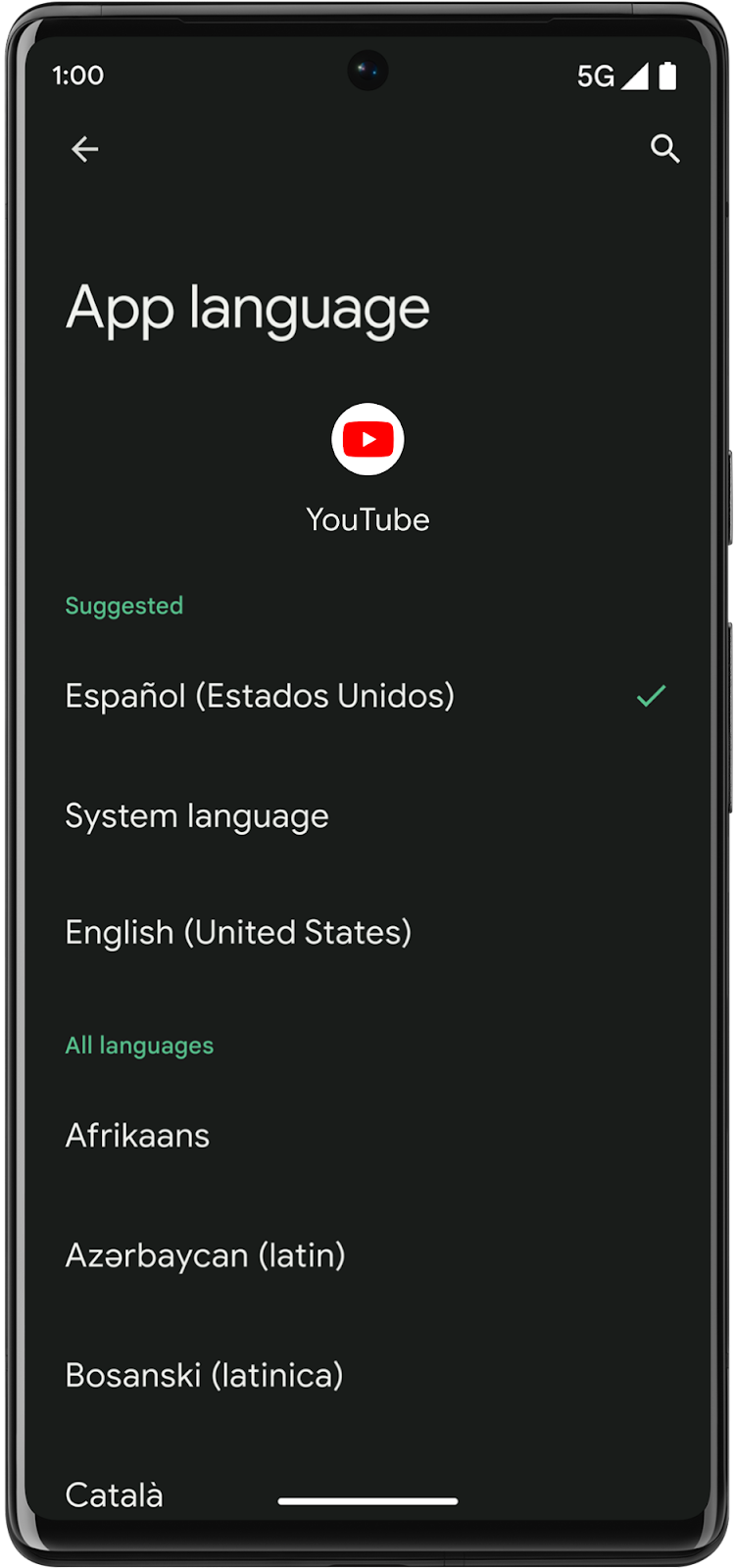Una pantalla de teléfono móvil que muestra las preferencias de idioma de la aplicación en la configuración del sistema de la aplicación de YouTube
