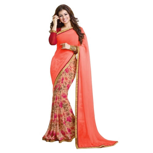 Peach Floral Printed Georgette Saree