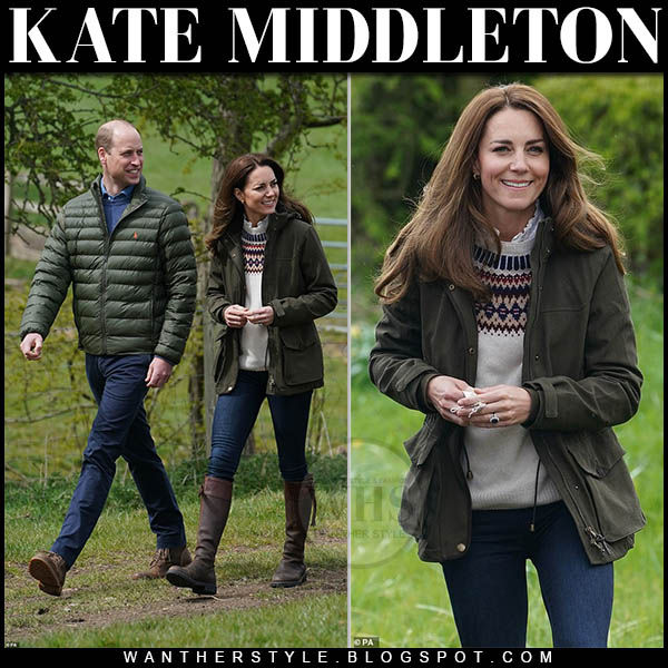 Kate Middleton in khaki jacket, jeans and brown boots