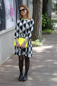 Asos black and white dress, Zara clutch, studded loafers