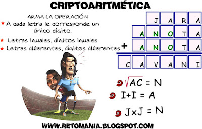 Criptoaritmética, Criptosumas, Alfaméticas, Problemas alfaméticos, Problemas matemáticos, Desafíos matemáticos, Retos matemáticos, Descubre los números, Juego de letras