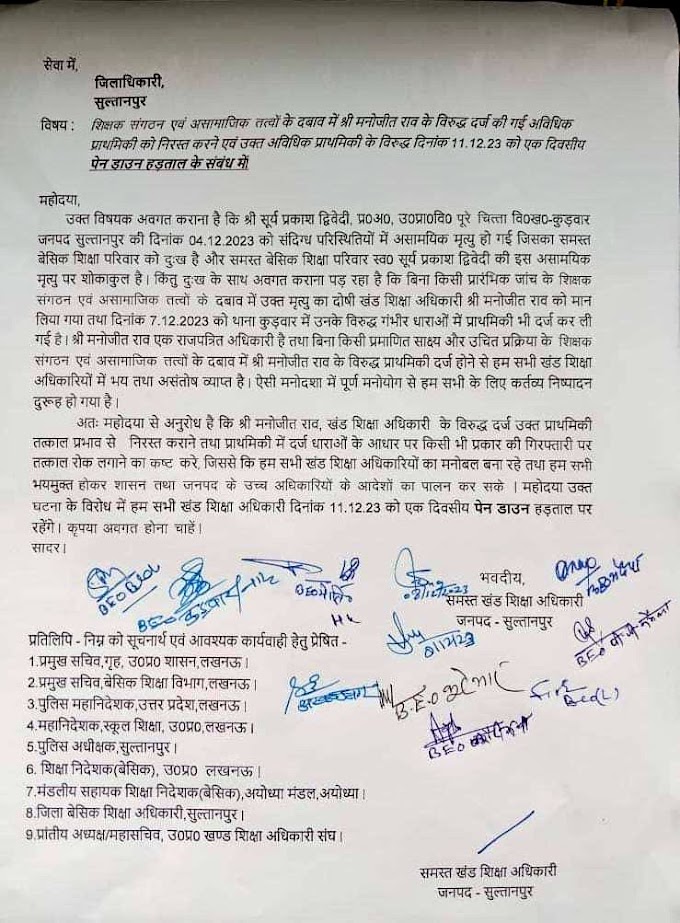 खंड शिक्षा अधिकारी समस्त सुल्तानपुर द्वारा पत्र में, असामाजिक तत्व शब्द किन लोगों के लिए प्रयुक्त हुआ है, विचार करने योग्य है। यह देखना चाहिए कि कैसे अधिकारी अपने साथियों का समर्थन कर रहे हैं, बिना गुण दोष का विचार किए हुए। हम सभी शिक्षकों को भी चिन्तन करना चाहिए।