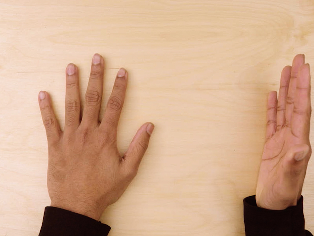 An image of two hands, the left palm is facing down and the right hand is tilted upwards revealing nothing under the right palm.