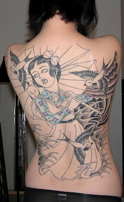 Back Japanese Gheisa Tattoo With Black Ink Color Image For Girls