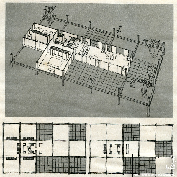 New Seabury - Cape Cod - Robert Damora - New Seabury - Cape Cod - Etats Unis - Private house Architecte: Robert Damora Construction: 1961  L'architecte Robert Damora a construit sa maison prototype au bord de la mer : il a dû l'implanter sur un éboulis de rochers , difficilement utilisable pour une construction traditionnelle moderne architecture 1950 to 1970 La maquette ci dessous révèle le grand secret technique de la maison "jeu de construction" : plus de murs , une cage de poutres et de poteaux . Chaque cellule de ce squelette deviendra une pièce fermée , une terrasse ou un jardin . Montée comme un jeu de construction , achevée en 3 jours avec tout le confort , extensible à tout moment (de 1 à 15 pièces) , cette maison permet d'avoir à volonté terrasses et jardins intérieurs.  On pourrait imaginer cent autres trouvailles : un patio-jardin au centre de la cage , entouré de quatre cotés par quatre pièces , ou bien une terrasse couverte , ou encore une maison isolée dans un  angle et un appartement principal à l'autre bout au-delà des jardins  intérieurs : toutes les grâces de la maison japonaise traditionnelle avec ses murs-paravents coulissant à volonté et les meilleures réussites de l'architecture moderne .  Le prototype comprend quinze carrés . Dans cette grille , Robert Damora a bâti un "quatre cinq pièces - trois terrasses" mais dans la même cage , il aurait pu construire aussi un "deux pièces - quatre terrasses" ou un "sept huit pièces - cinq terrasses"  ou même un "quinze pièces" sans terrasse , comme aussi une "cage" de cellules assemblées en L , en T , ou en H . Tout commence en usine . On y fabrique la charpente : un modèle de poteau , un de poutre , un de panneau , un de plancher , un de toiture plate , un de toiture en pente , un de poutre pour pergola . Ils sont en béton armé creux : le vide des planchers sert de radiateur , celui des poteaux laisse passer de grands boulons qui assembleront la cage  . Une autre usine fabrique les murs : un panneau de glace, un panneau plein  , soit fixe , soit coulissant . Le cadre d'aluminium de chaque panneau viendra s'enclencher  dans les poteaux et dans le cadre du panneau voisin .  Sur le terrain, des petits pilotis sont ancrés dans le sol : la maison sera simplement posée dessus .  Le jeu de construction commence : tous les éléments préfabriqués ont des dimensions combinables . Chaque cellule de la "cage" est un carré de 4m80 de coté .