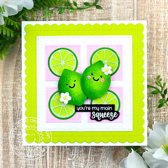 Sunny Studio Stamps: Fresh Lemon Summer Themed Card by Cathy Chapdelaine (featuring Punny Fruit Greetings, Stitched Square Dies, Scalloped Square Dies)
