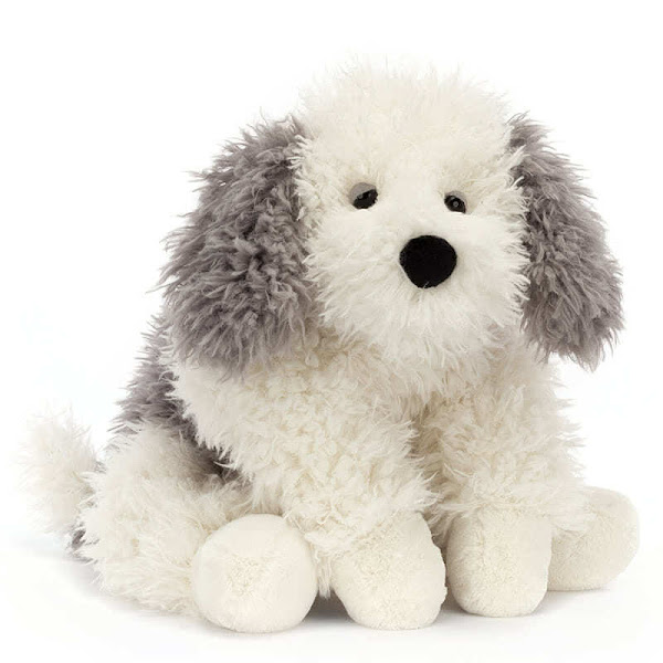 Jellycat Floofie Sheepdog - coming with shaggy, cream and grey fur, Spaniel style droopy ears, a little swishing tail, velvety paws and a pronounce black button nose.