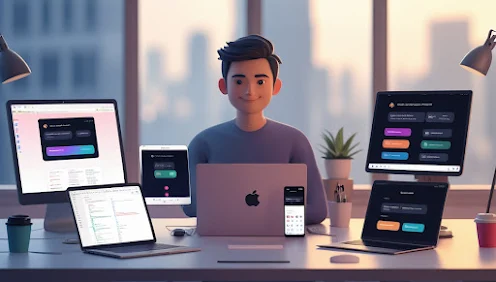 Developer building responsive Flutter apps for Web Android and iOS using multiple devices