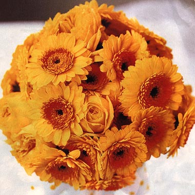 Orange gerbera daisy wedding bouquet with green foliage