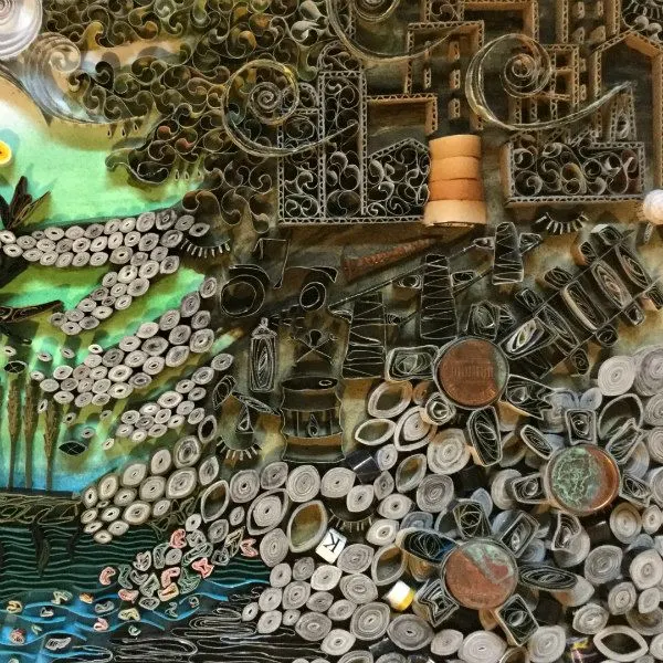 detail of quilled landscape showing causes of pollution