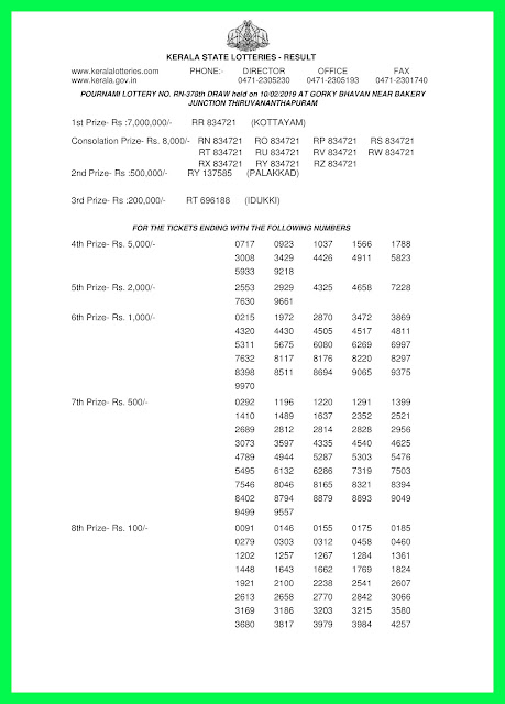 KERALA LOTTERY RESULTS TODAY-10-02-2019-POURNAMI-RN-378