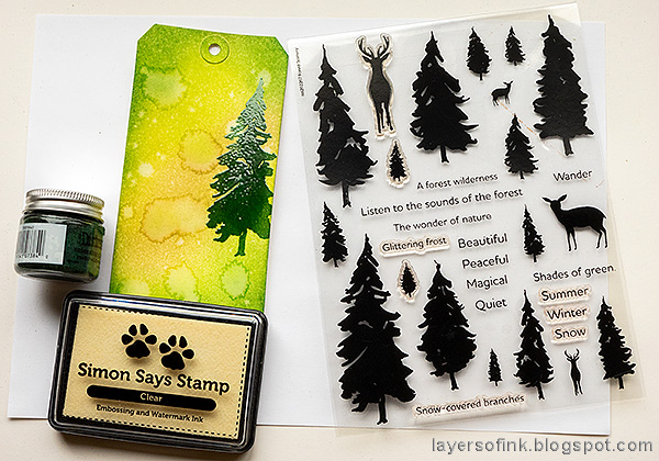 Layers of ink - Spring Forest Inky Tag Tutorial by Anna-Karin Evaldsson. Stamp trees from Simon Says Stamp Forest Scenery.