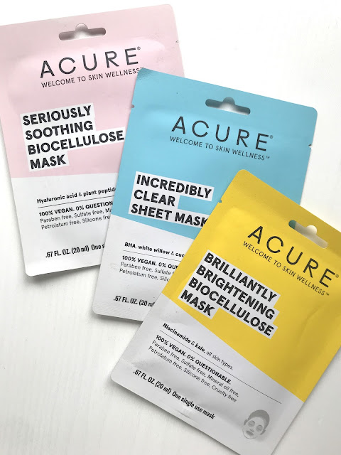 Acure Seriously Soothing, Incredibly Clear and Brilliantly Brightening Sheet Masks