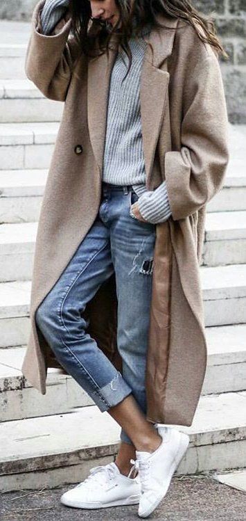 how to style a nude coat : sweater + ripped jeans + sneakers