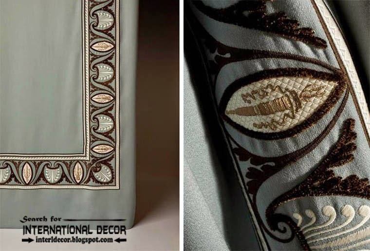 Luxurious embroidered fabric for curtains, drapes and bedspreads, embroidery patterns
