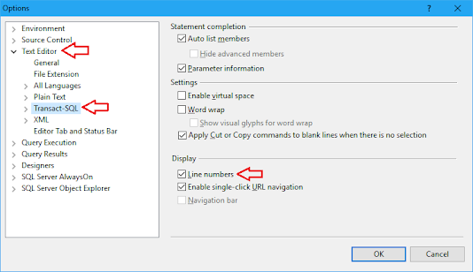 SQL Server display or enable line numbers for specific language