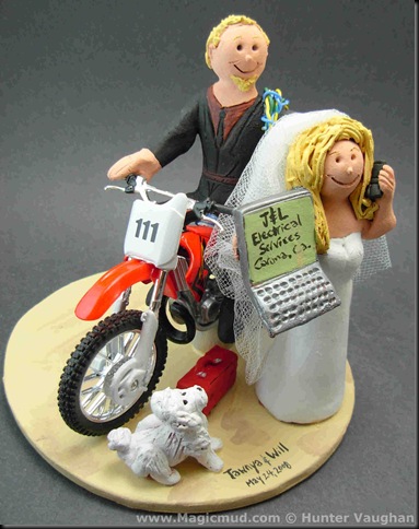 Honda Dirt Bike Wedding Cake Topper the bride is on her cel phone telling 