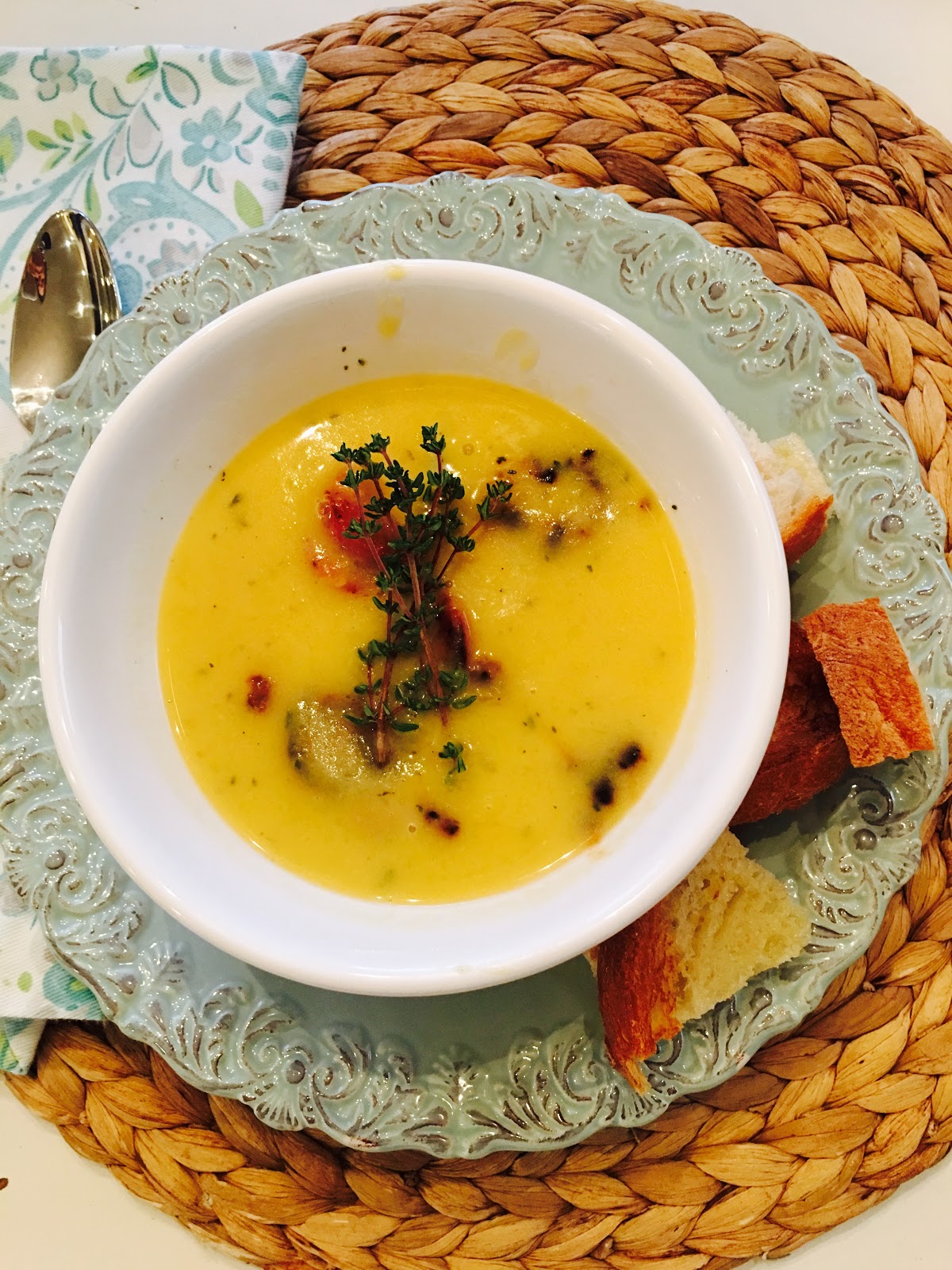 Acorn squash soup with Aidell's chicken apple sausage ...