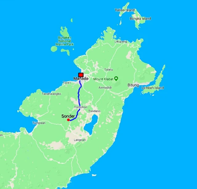 land route map Manado city - Sonder town in Minahasa regency of Indonesia