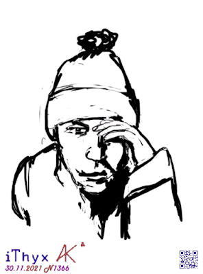 Молодой мужчина в вязаной шапке с бумбоном, подпирает лицо рукой, линейный рисунок на телефоне сделал @iThyx_AK