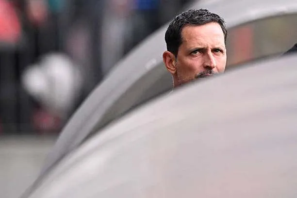 Eintracht Frankfurt’s head coach Dino Toppmöller looks on before the Bundesliga match between Frankfurt and Heidenheim in Frankfurt am Main, western Germany, on April 13, 2025. Photo by Kirill Kudryavtsev/AFP