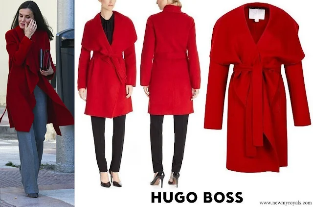 Queen Letizia wore HUGO BOSS Catifa Wool Cashmere Shawl-collar Red Coat