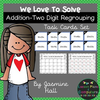 https://www.teacherspayteachers.com/Product/halfoffhalftime-We-Love-To-Solve-Addition-Two-Digit-Regrouping-Task-Cards-2998565