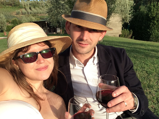 Katy & Paul drinking Chianti Red Wine Watching the Sunset in Tuscany, San Miniato, Italy