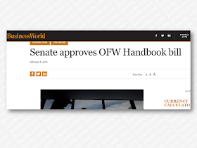 The Senate has approved on third and final reading a bill which would mandate the Philippine Overseas Employment Administration (POEA) to publish and disseminate a standard handbook on the rights and responsibilities of Filipino migrant workers.  “We want to equip our OFWs with the necessary information they can access once they are out there in the global marketplace,” said Senator Emmanuel D. Pacquiao, the author of Senate Bill No. 192, or the “Handbook for Overseas Filipino Workers (OFWs) Act.”  He added that the proposed handbook would be a “convenient” reference that would inform OFWs about their rights and responsibilities, teach them what recourses they have when they face common difficult situations abroad, and provide them with a directory of relevant government agencies.  For his part, Senator Joel Villanueva, co-author of the bill and chair of the Senate committee on labor, employment, and human resources development, said: “In the face of increasing number of abuses against OFWs, perhaps, we can go back to the basics by equipping our workers abroad with the right information at the right time and in the right way.”  Sponsored Links  Senate President Aquilino Martin L. Pimentel III and Senator Richard J. Gordon also served as co-authors of the measure, through which the POEA would be mandated “to develop, publish, disseminate and update periodically a handbook on the rights and responsibilities of migrant workers as provided by Philippine laws and the existing labor and social laws of the receiving country that will protect and guarantee the rights of migrant workers.”  “The handbook shall be written in simple words than can be easily understood with translation in local language as may be necessary,” the bill said, adding that the handbook should be issued to all Filipino migrant workers “free of charge.”    Read More:      How To Get Philippine International Driving Permit (PIDP)    DFA To Temporarily Suspend One-Day Processing For Authentication Of Documents (Red Ribbon)     SSS Monthly Pension Calculator Based On Monthly Donation    What You Need to Know For A Successful Housing Loan Application    What is Certificate of Good Conduct Which is Required By Employers In the UAE and HOW To Get It?    OWWA Programs And Benefits, Other Concerns Explained By DA Arnel Ignacio And Admin Hans Cacdac   ©2018 THOUGHTSKOTO  www.jbsolis.com   SEARCH JBSOLIS, TYPE KEYWORDS and TITLE OF ARTICLE at the box below