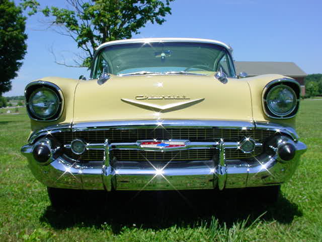 The original'57 Chevy Belair hooded headlights and chrome grille