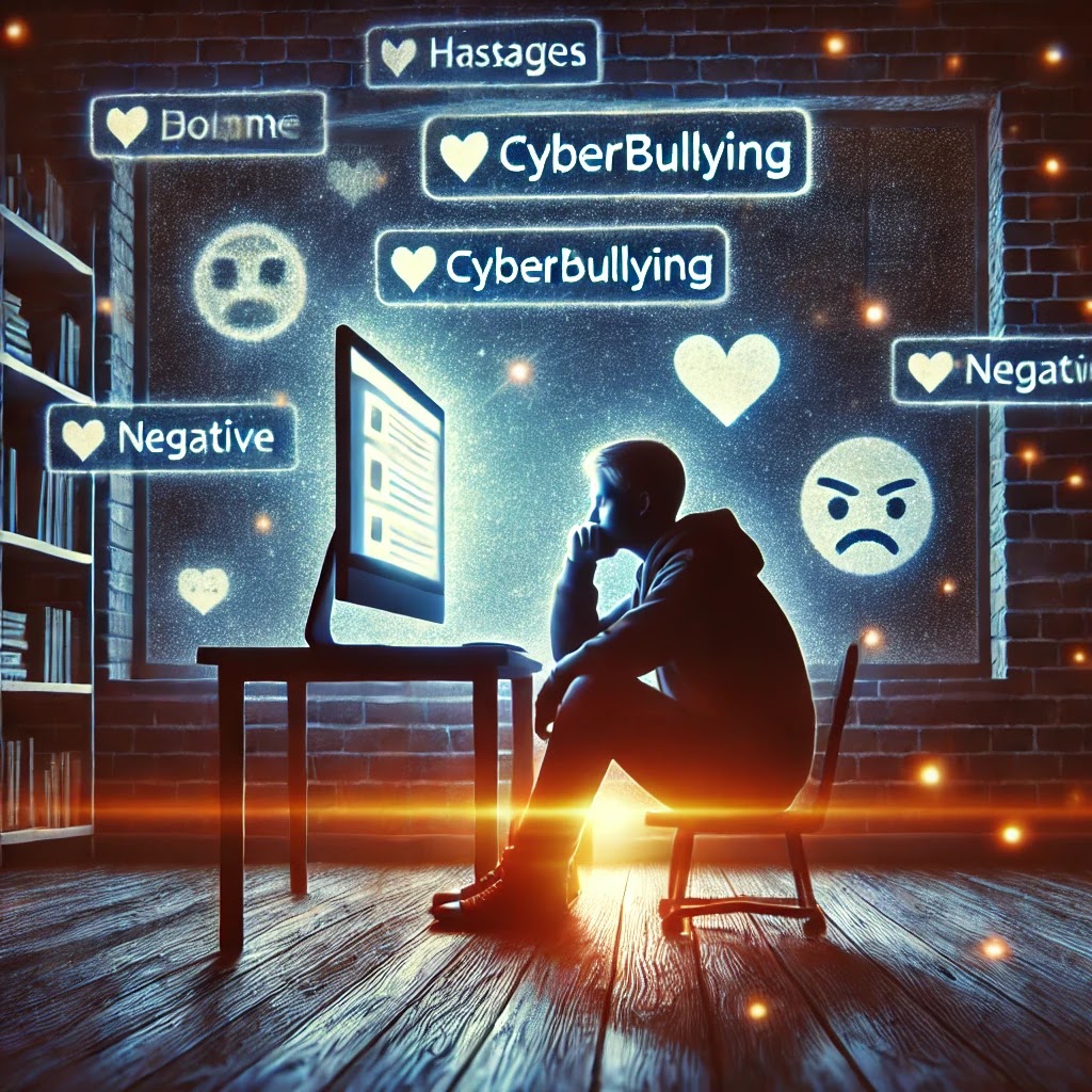 An illustration of a distressed person sitting in front of a computer screen, surrounded by harsh messages and negative emojis. The dimly lit room conveys isolation, while the glowing screen emphasizes the impact of cyberbullying.