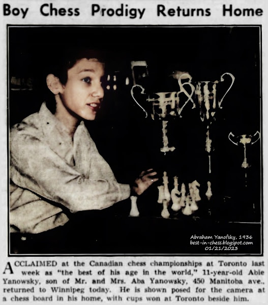 ACCLAIMED at the Canadian chess championships at Toronto last week as “the best of his age in the world,” 11-year-old Abie Yanowsky, son of Mr. and Mrs. Aba Yanowsky, 450 Manitoba ave., returned to Winnipeg today. He is shown posed for the camera at a chess board in his home, with cups won at Toronto beside him.