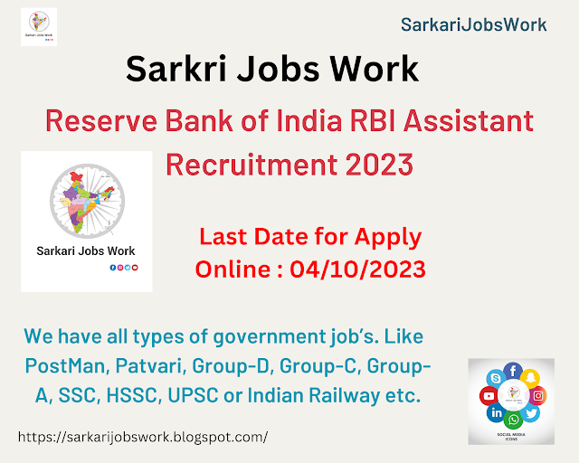Reserve Bank of India RBI Assistant Recruitment 2023 Apply Online sarkarijobswork.online