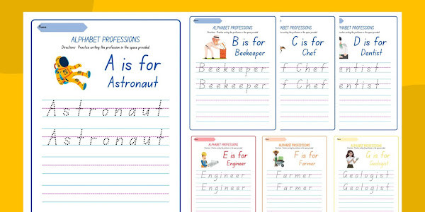 Poster Pembelajaran Anak TK/SD Tema All Alphabet A-Z Handwriting Professions