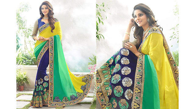 KOROSHNI Georgette Saree With Blouse Piece (KR-3D_Yellow_Free Size)