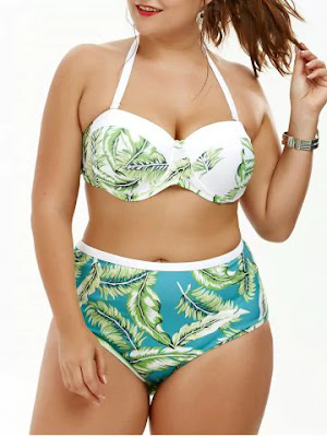 Tropical Palm Leaf Print Plus Size Halter Top Bikini Swimwear - Green - 5xl