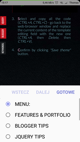 Blogger - mobile menu in Samsung Internet (Android).