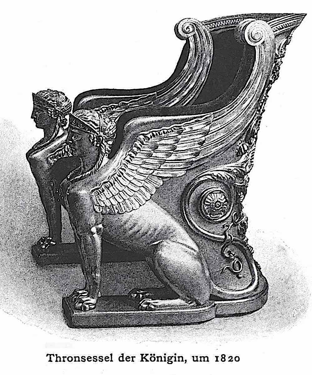 throne of a queen 1820, a later photograph of a winged carved throne