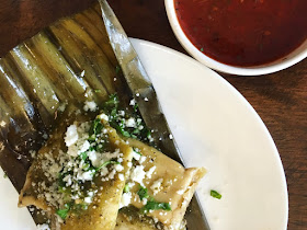 Banana leaf tamales with chile de arbor salsa