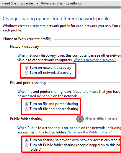 Network and Sharing Center - Advanced sharing settings - Shinemat