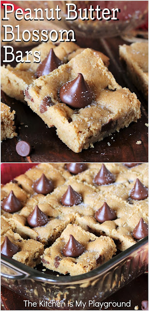 Peanut Butter Blossom Bars ~ Super easy to make, Peanut Butter Blossom Bars are loaded with the same rich peanut butter flavor as their classic cookie inspiration. -- And have that same signature Hershey's Kiss adorably perched on top. Whip up a pan for the holidays, or for everyday snacking!  www.thekitchenismyplayground.com