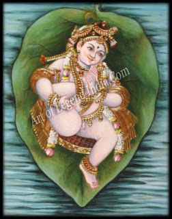 Vatapatrashayin: Vishnu on a banyan leaf; Tanjore painting 
