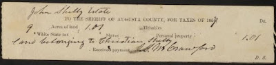 Augusta Co., VA Tax Receipt for John Shelly's estate land belonging to Christian Shelly