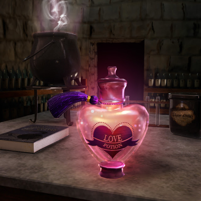 There is love potion, a book and some other components on the table.