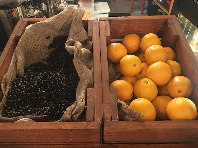 Coffee beans and oranges