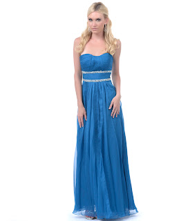 Teal Blue Ruched Empire Waist Strapless Long Dress
