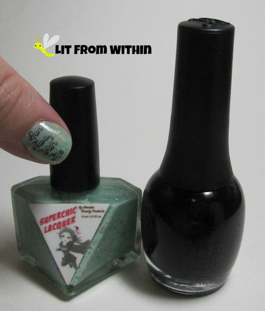 Bottle shot:  SuperChic Lacquer Aphrodisiac, and Finger Paints Patent Leather Black.